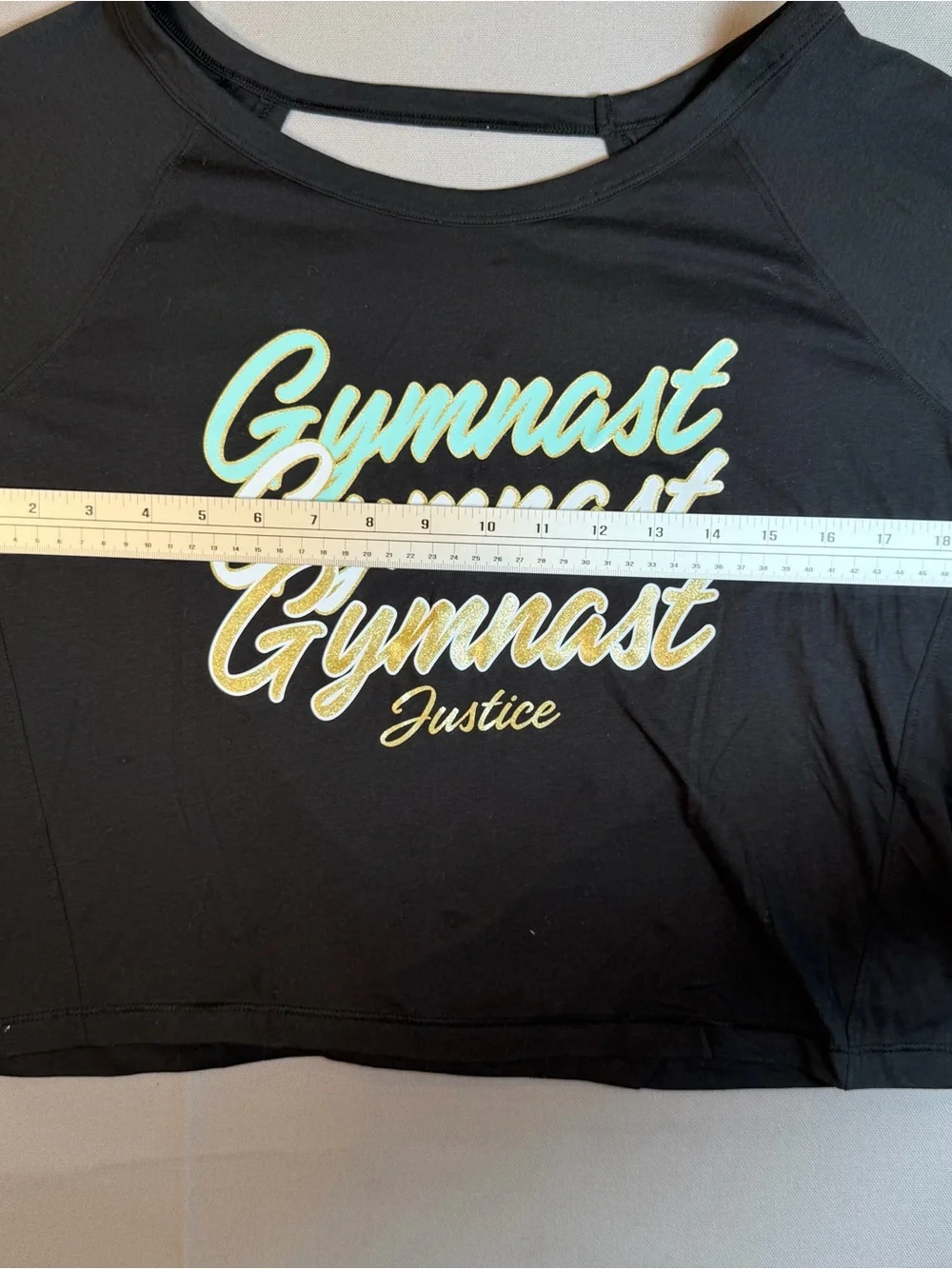 Justice szXL Black Long Sleeve Open Back Crop Top with Multicolor Gymnast Script
